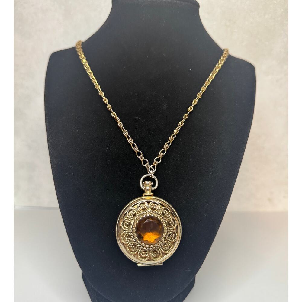 VNTB Avon Locket Necklace with Brown Topaz Style Stone Gold Tone Filigree Locket